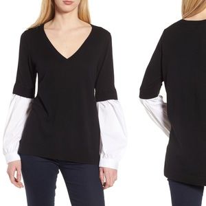 Trouvé Sweater Blouse | LIGHTWEIGHT Woven Sleeve Sweater | Black White Combo